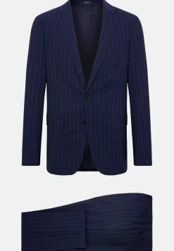 Abito Navy Blu Gessato In Lana Elasticizzata