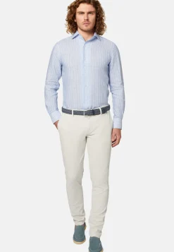 Camicia A Righe Azzurre In Lino Regular Fit