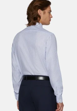 Camicia A Righe Azzurre In Cotone Dobby Slim Fit