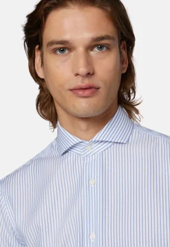 Camicia A Righe Azzurre In Cotone Dobby Slim Fit