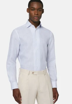 Camicia A Righe Azzurre In Lino Regular Fit