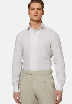 Camicia A Righe Azzurre In Lino Regular Fit