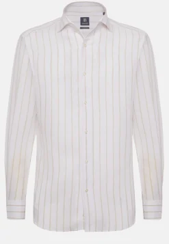 Camicia A Righe Beige In Lino Regular Fit