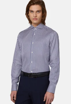 Camicia A Righe Blu In Twill Di Cotone Slim Fit