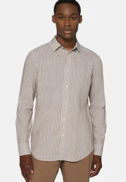 Camicia A Righe Marroni In Tencel Lino Regular Fit