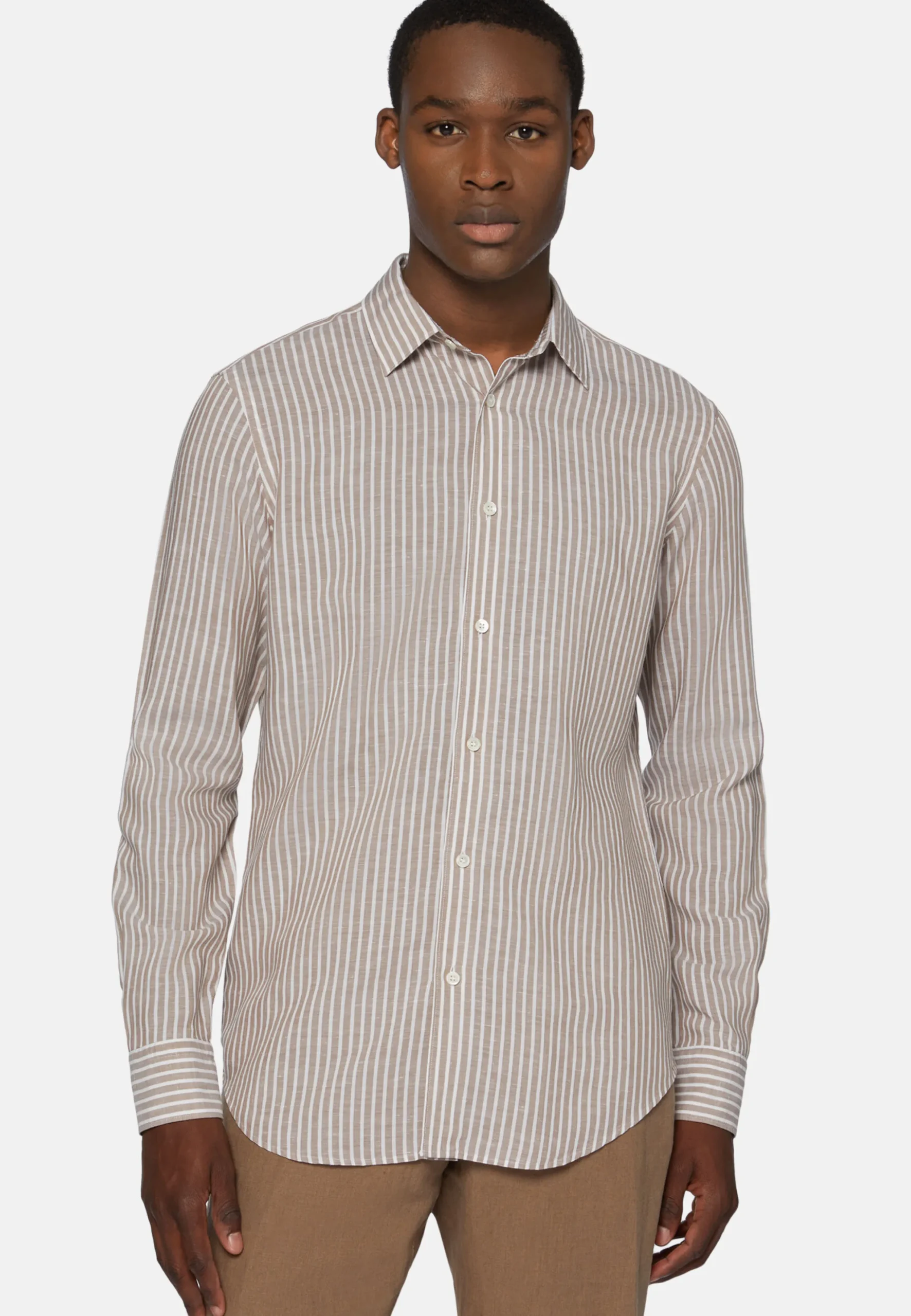 Camicia A Righe Marroni In Tencel Lino Regular Fit