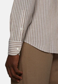 Camicia A Righe Marroni In Tencel Lino Regular Fit