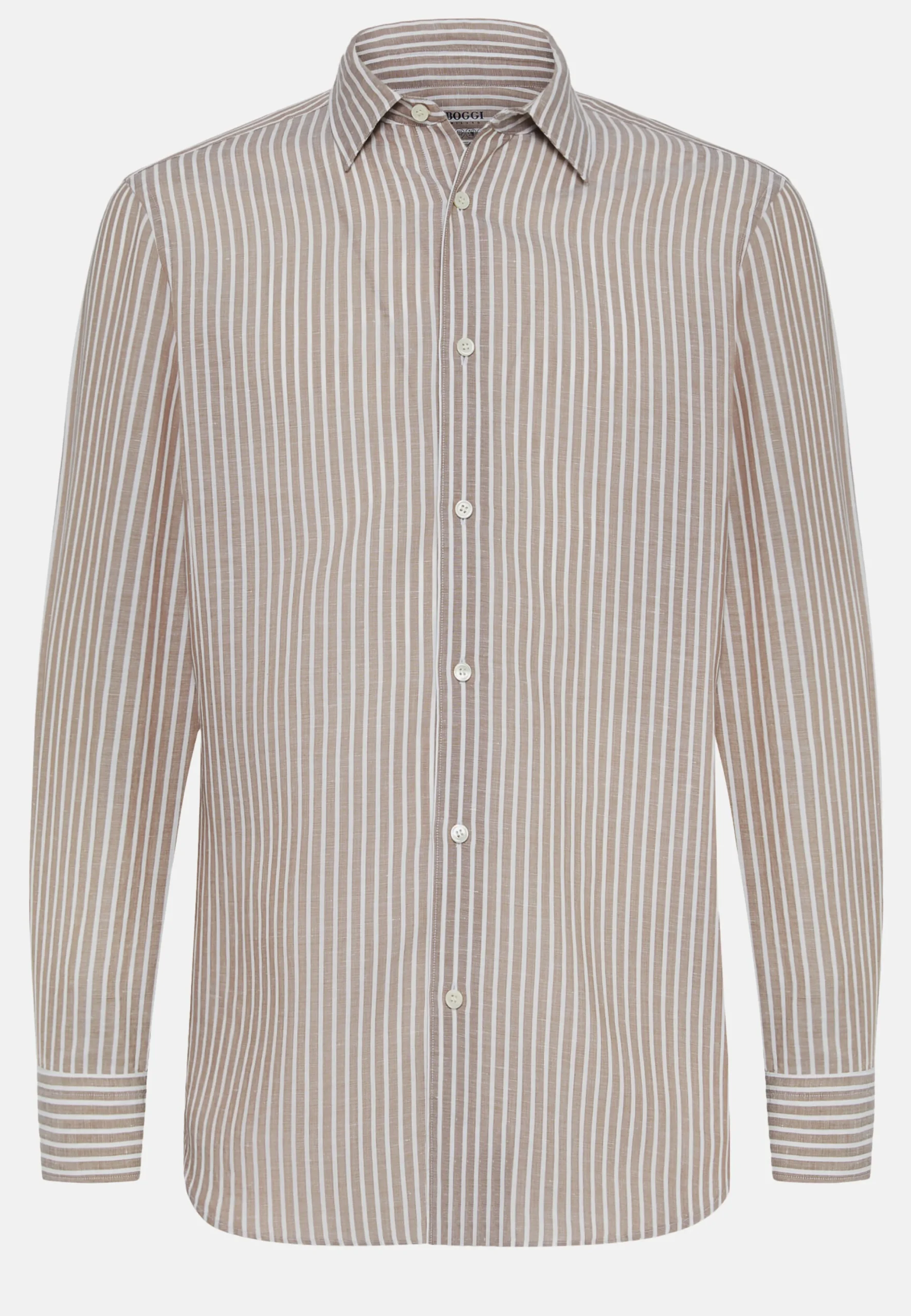 Camicia A Righe Marroni In Tencel Lino Regular Fit