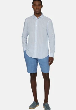 Camicia A Righe Marroni In Tencel Lino Regular Fit