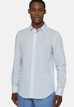Camicia A Righe Marroni In Tencel Lino Regular Fit