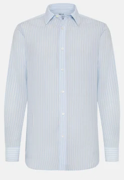 Camicia A Righe Marroni In Tencel Lino Regular Fit
