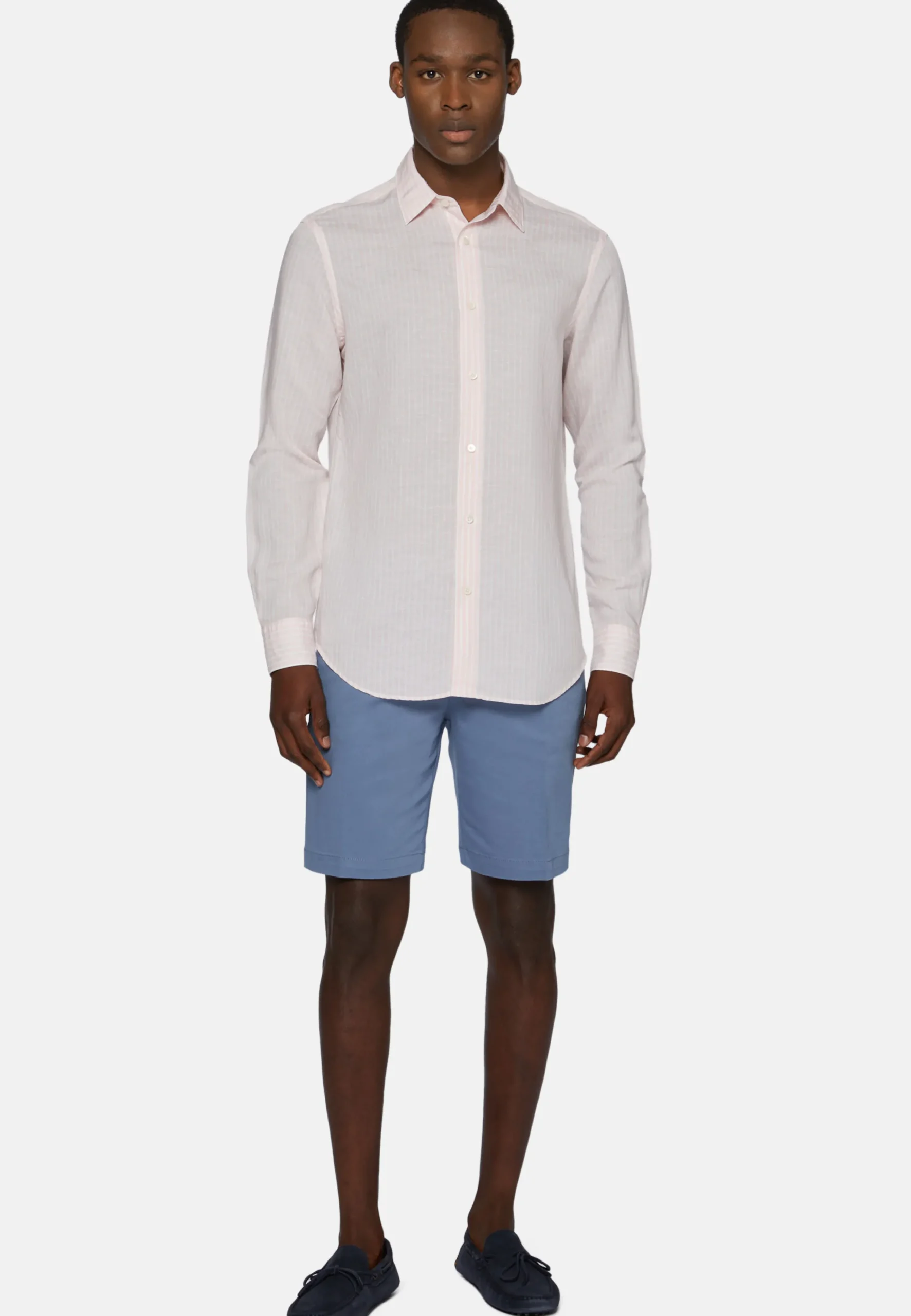 Camicia A Righe Marroni In Tencel Lino Regular Fit