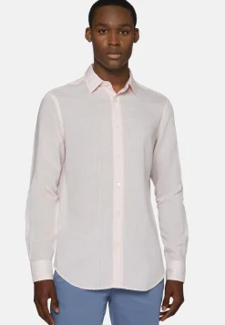 Camicia A Righe Marroni In Tencel Lino Regular Fit