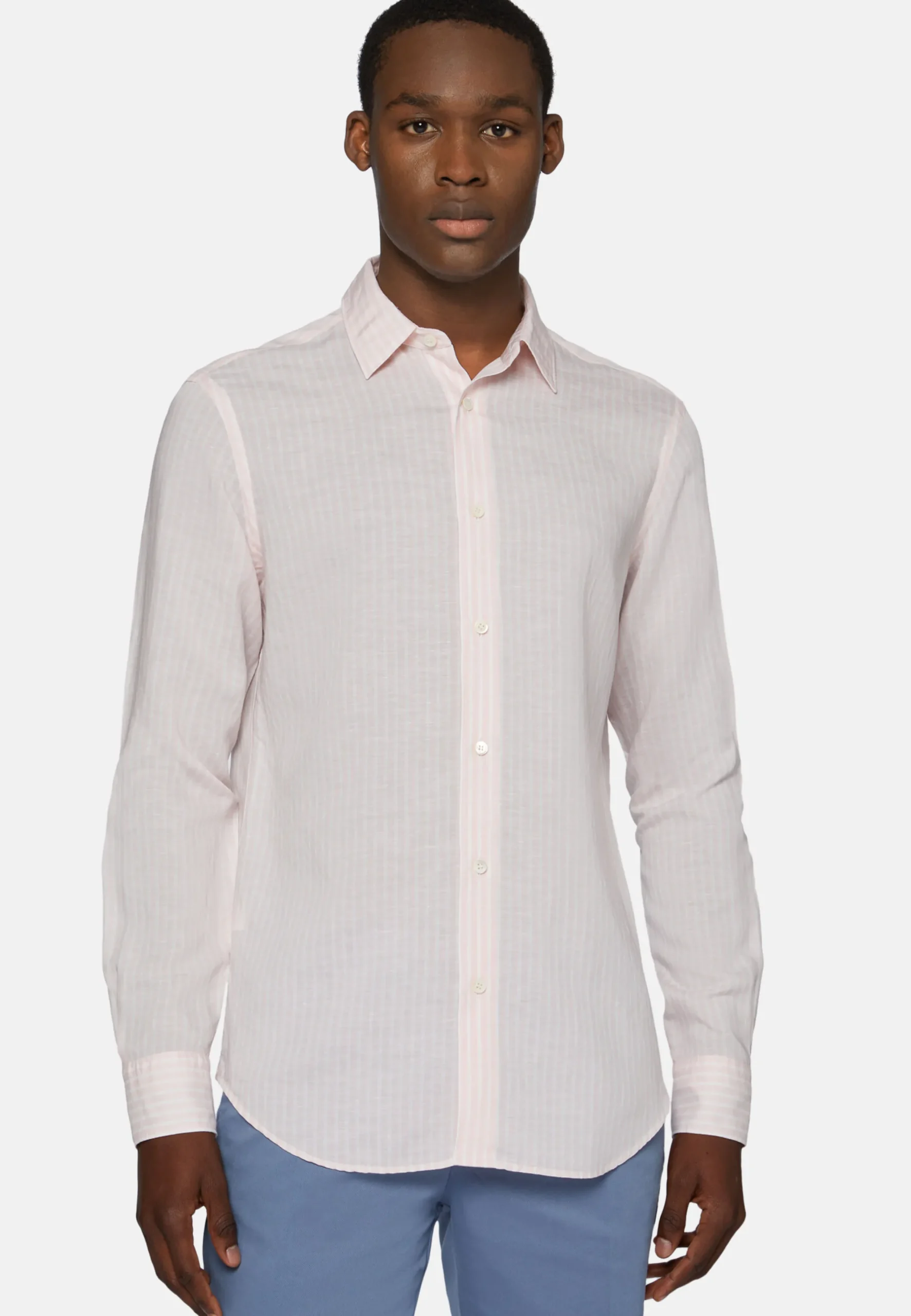 Camicia A Righe Marroni In Tencel Lino Regular Fit