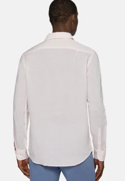 Camicia A Righe Marroni In Tencel Lino Regular Fit