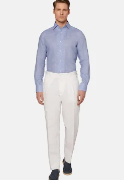 Camicia Pied De Poule Azzurra In Lino Regular