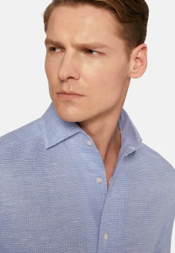 Camicia Pied De Poule Azzurra In Lino Regular