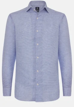 Camicia Pied De Poule Azzurra In Lino Regular