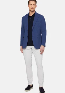 Giacca Blu In Lana Seersucker Elasticizzata