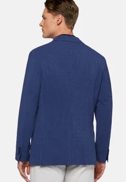 Giacca Blu In Lana Seersucker Elasticizzata