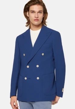 Giacca Doppio Petto Navy Blu In Pura Lana Crepe