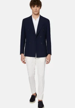 Giacca Doppio Petto Navy Blu In Pura Lana Crepe