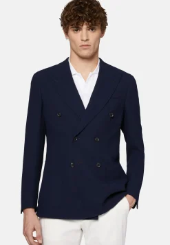 Giacca Doppio Petto Navy Blu In Pura Lana Crepe