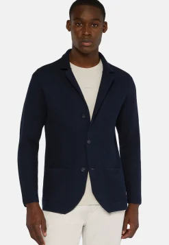 Giacca Monopetto Di Maglia Navy In Cotone Crepe