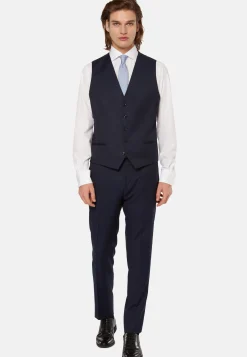 Gilet Navy Blu Micro Fantasia In Pura Lana