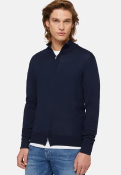 Maglia Full Zip Azzurro In Lana Merino
