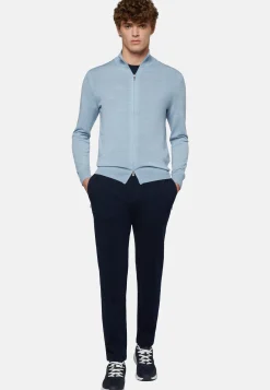 Maglia Full Zip Azzurro In Lana Merino