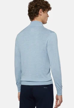 Maglia Full Zip Azzurro In Lana Merino