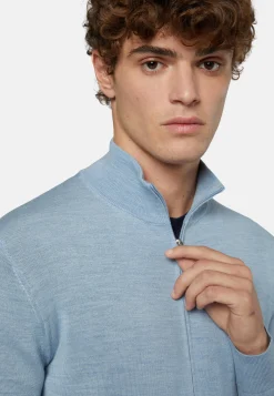 Maglia Full Zip Azzurro In Lana Merino