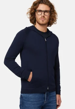 Maglia Full Zip Cappuccio Verde In Lana Merino