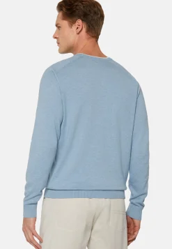 Maglia Girocollo Azzurra In Cotone Seta Cashmere
