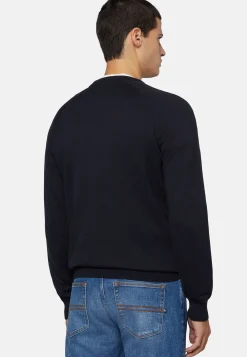 Maglia Girocollo Navy In Cotone Seta Cashmere