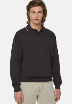 Polo Di Maglia A Collo Aperto Nero In Cotone