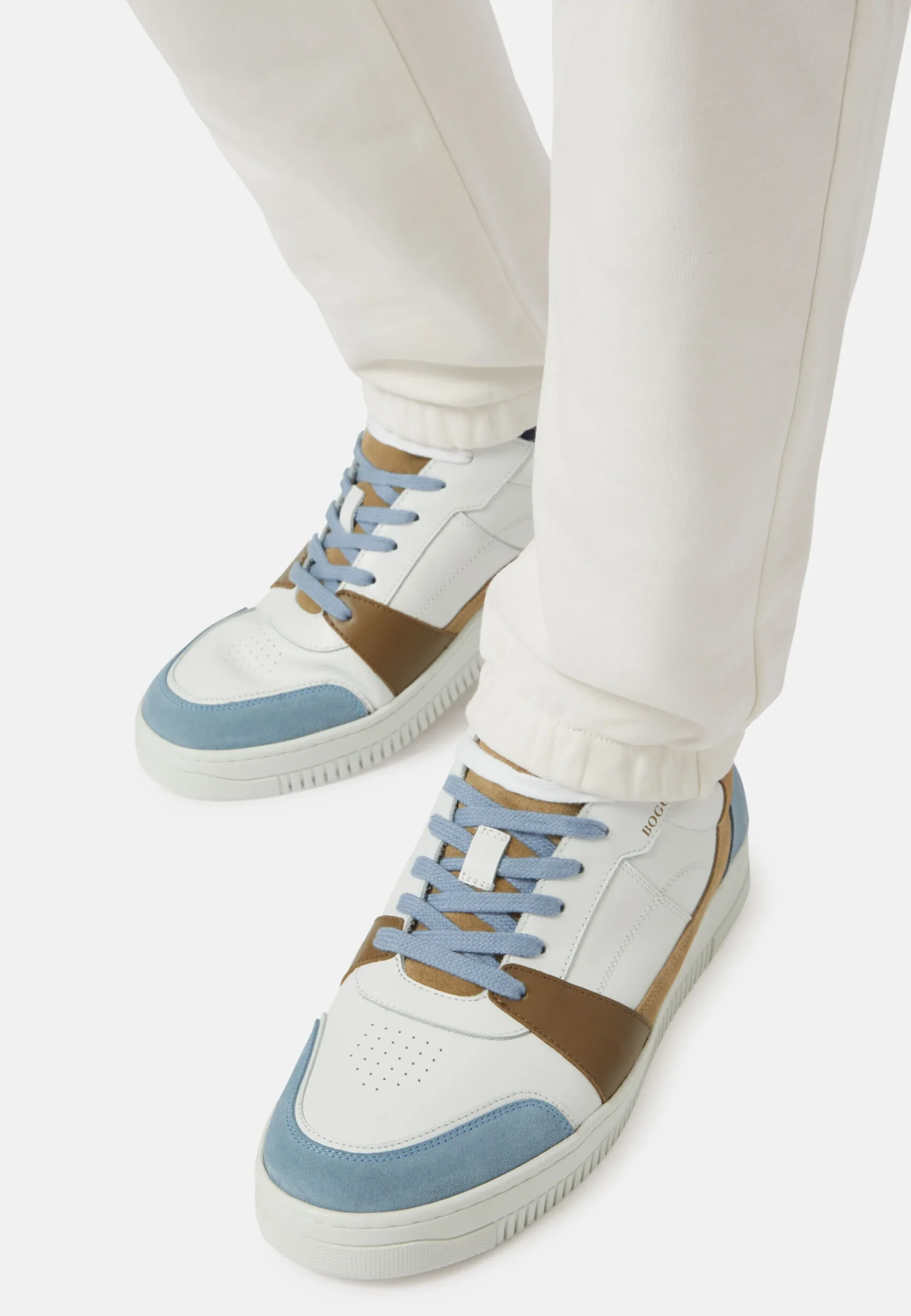 Sneakers In Pelle Beige Ed Azzurre
